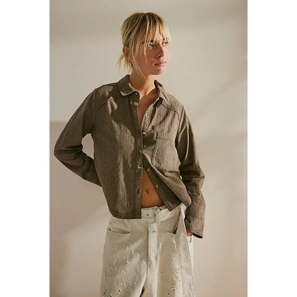 Free People We The Free Classic Oxford Top Brown Neutral Combo Size S NWT